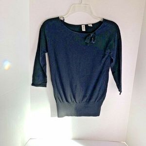 de.corp Womens Sz XS Black 3/4 Sleeve Wool Blend Sweater Bow on Collar  15 in Ch
